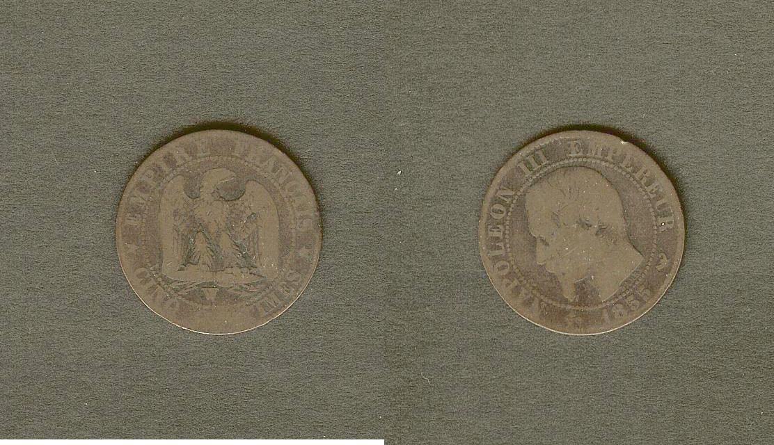 Cinq centimes Napoléon III, tête nue 1855 Lille B+ à TB-